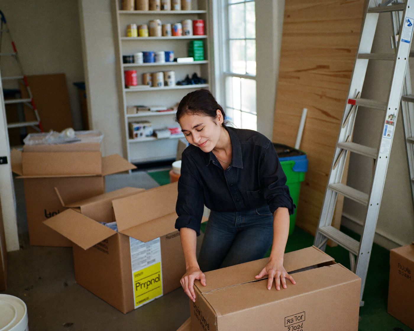 A small business owner unpacking stock in her newly opened shop